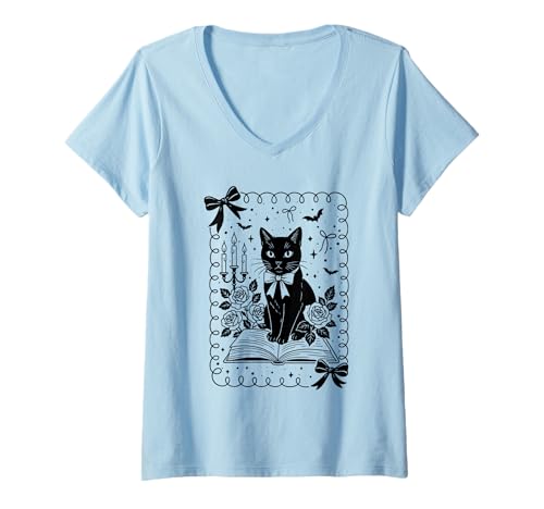 Damen Vintage-Lesebuch mit schwarzer Katze, für Liebhaber und Besitzer von Katzen T-Shirt mit V-Ausschnitt von Black Cat Lover Graphic Print Apparel Men Women