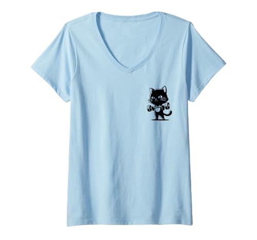 Damen Workout Black Cat Pocket Print Gym Training Fitness Übung T-Shirt mit V-Ausschnitt von Black Cat Lover Graphic Print Apparel Men Women