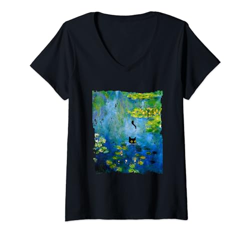 Damen Schwarze Katze Monets Seerose Malerei Kunst Katzenliebhaber T-Shirt mit V-Ausschnitt Damen Schwarze Katze Monets Seerose Malerei Kunst Katzenliebhaber T-Shirt mit V-Ausschnitt von Black Cat Monets Waterlily Painting Art Cat