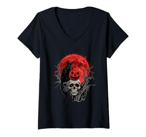 Damen Schwarze Katze Kürbis Halloween Heiligtümer Nacht Horror Schädel T-Shirt mit V-Ausschnitt von Black Cat Pumpkin Halloween Hallows Night Apparel