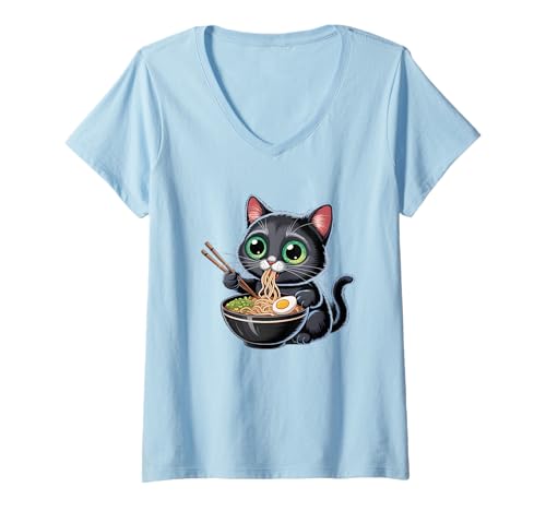 Damen Süße Schwarze Katze, die Ramen im Weltraum mit Planeten isst T-Shirt mit V-Ausschnitt von Black Cat Ramen, Kawaii Cat Space