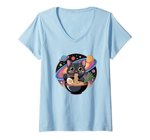 Damen Süße Schwarze Katze, die Ramen im Weltraum mit Planeten isst T-Shirt mit V-Ausschnitt von Black Cat Ramen, Kawaii Cat Space