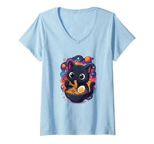 Damen Süße Schwarze Katze, die Ramen im Weltraum mit Planeten isst T-Shirt mit V-Ausschnitt von Black Cat Ramen, Kawaii Cat Space