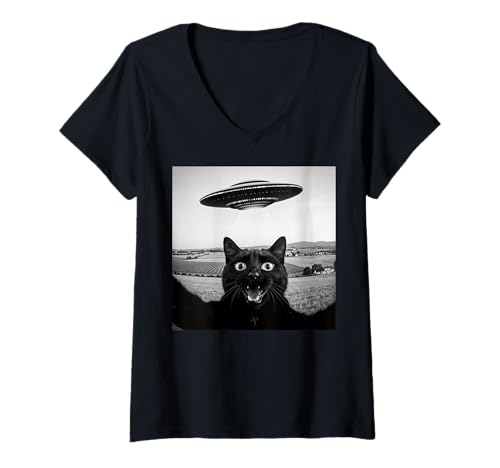 Damen Schwarze Katze Selfie UFO Alien lustige Geschenke für Männer Frauen Kinder T-Shirt mit V-Ausschnitt von Black Cat Selfie Apparel Gifts Graphic Tee