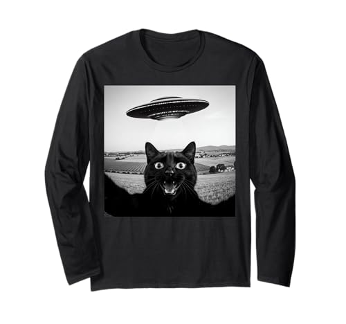 Schwarze Katze Selfie UFO Alien lustige Geschenke für Männer Frauen Kinder Langarmshirt von Black Cat Selfie Apparel Gifts Graphic Tee