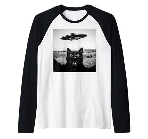 Schwarze Katze Selfie UFO Alien lustige Geschenke für Männer Frauen Kinder Raglan von Black Cat Selfie Apparel Gifts Graphic Tee