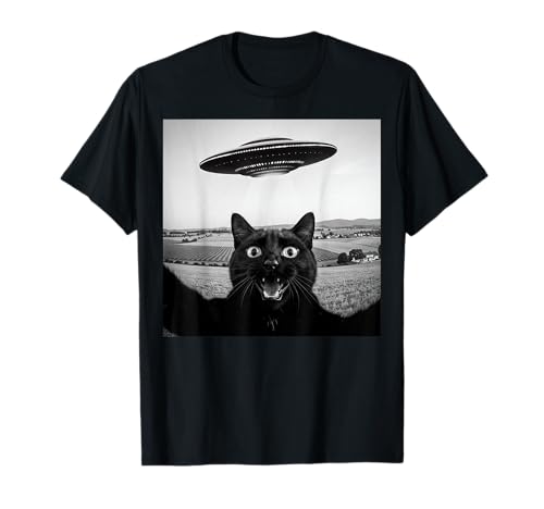 Schwarze Katze Selfie UFO Alien lustige Geschenke für Männer Frauen Kinder T-Shirt von Black Cat Selfie Apparel Gifts Graphic Tee