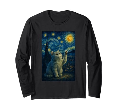 Sternennacht Katze Van Gogh Geschenk Britisch Kurzhaar Mama Langarmshirt von Black Cat Starry Night Van Gogh Cat Lovers
