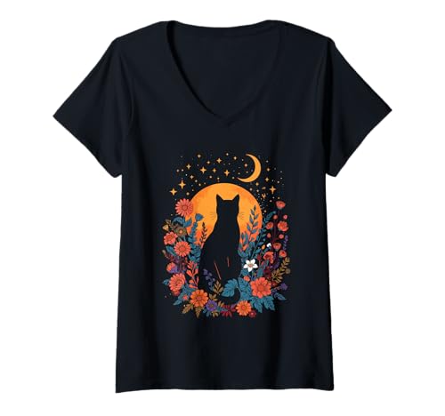 Damen Katze Mondlicht Geist inmitten botanischer Blumen T-Shirt mit V-Ausschnitt von Black Cat Surrounded By Blossoming Floral