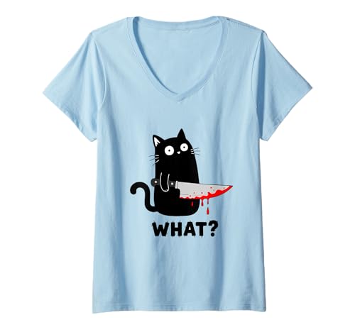 Damen Halloween-Katze was? Lustiges schwarzes Kätzchen mit Messer gruselig T-Shirt mit V-Ausschnitt Damen Halloween-Katze was? Lustiges schwarzes Kätzchen mit Messer gruselig T-Shirt mit V-Ausschnitt von Black Cat What?