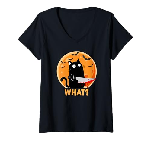 Damen Black Cat What Knife Halloween Gruselige lustige mörderische Katze T-Shirt mit V-Ausschnitt Damen Black Cat What Knife Halloween Gruselige lustige mörderische Katze T-Shirt mit V-Ausschnitt von Black Cat With Knife Halloween Design