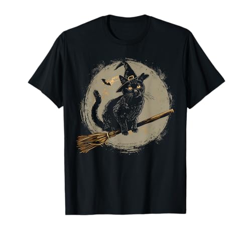 Hexenhut Schwarze Katze Reitbesen Halloween Mädchen Damen T-Shirt von Black Cat and Witchy Stuff