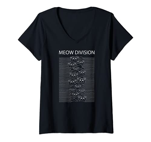 Damen Post Punk Meow Division T-Shirt mit V-Ausschnitt von Black Cats Gothic Metal Fans Man and Woman