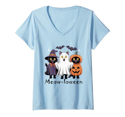 Damen Meow-Halloween Gruselige Jahreszeit Black Cats Ghost Witch Halloween T-Shirt mit V-Ausschnitt Damen Meow-Halloween Gruselige Jahreszeit Black Cats Ghost Witch Halloween T-Shirt mit V-Ausschnitt von Black Cats Halloween Meow-loween Spooky Season