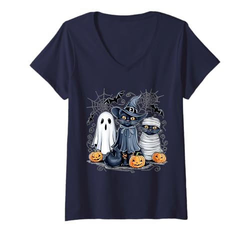 Damen Retro Schwarze Katze Kürbis Halloween Kostüm Herbst Saison T-Shirt mit V-Ausschnitt Damen Retro Schwarze Katze Kürbis Halloween Kostüm Herbst Saison T-Shirt mit V-Ausschnitt von Black Cats Witch Scary Halloween Pumpkin Outfit