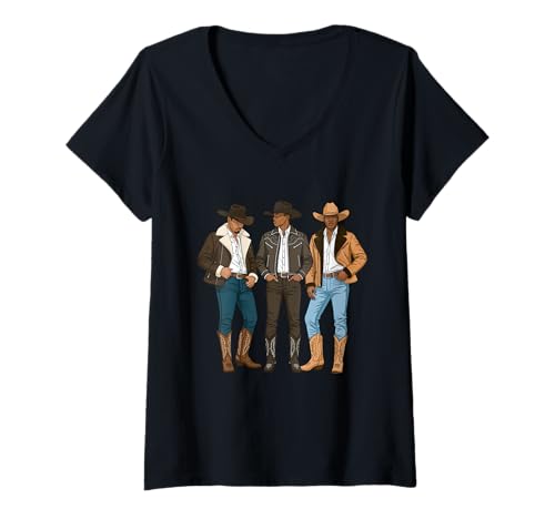 Damen Schwarze Cowboys - Melanin Cowboy Western Rodeo Rancher T-Shirt mit V-Ausschnitt Damen Schwarze Cowboys - Melanin Cowboy Western Rodeo Rancher T-Shirt mit V-Ausschnitt von Black Cowboy Merch