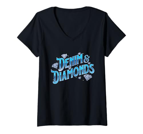 Damen Denim & Diamonds - Black Cowgirl Western Rodeo Rancher T-Shirt mit V-Ausschnitt von Black Cowgirl Merch