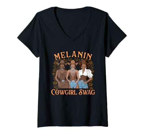 Damen Melanin Cowgirl Swag - Schwarzes Cowgirl Western Rodeo Rancher T-Shirt mit V-Ausschnitt von Black Cowgirl Merch
