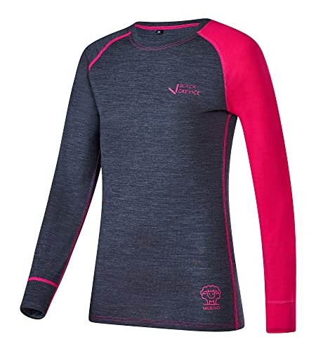 Black Crevice Damen Langarmshirt aus Merino Wolle in 38 - anthrazit/pink I Funktionsshirt atmungsaktiv I Funktionsunterwäsche I Base Layer I Long Sleeve I Skiunterwäsche von Black Crevice