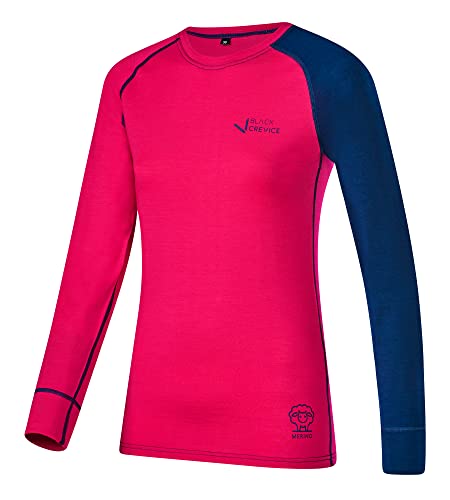 Black Crevice Damen Langarmshirt aus Merino Wolle in 38 - pink/Steel Blue I Funktionsshirt atmungsaktiv I Funktionsunterwäsche I Base Layer I Long Sleeve I Skiunterwäsche von Black Crevice