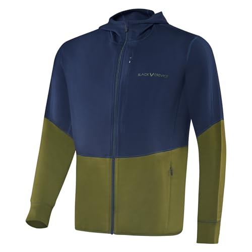 Black Crevice Herren Merino/Baumwolle Second Layer mit Kapuze in Dark Blue/Olive I Größe XL I 100% Merino Wolle Innen & 100% Baumwolle Außen I Mit nützlichen Taschen I Ideal für kühle Tage von Black Crevice