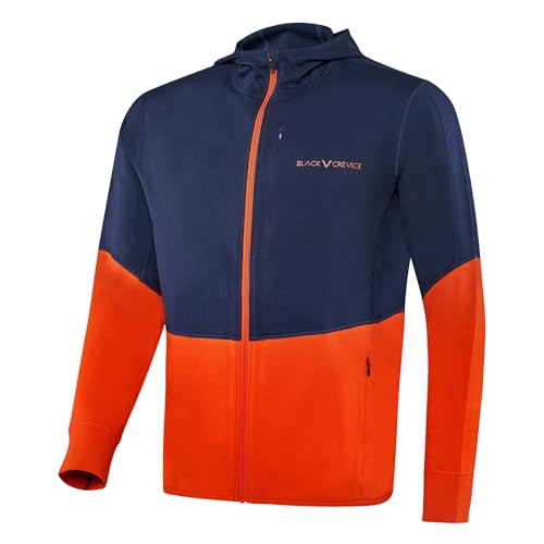 Black Crevice Herren Merino/Baumwolle Second Layer mit Kapuze in Dark Blue/orange I Größe L I 100% Merino Wolle Innen & 100% Baumwolle Außen I Mit nützlichen Taschen I Ideal für kühle Tage von Black Crevice