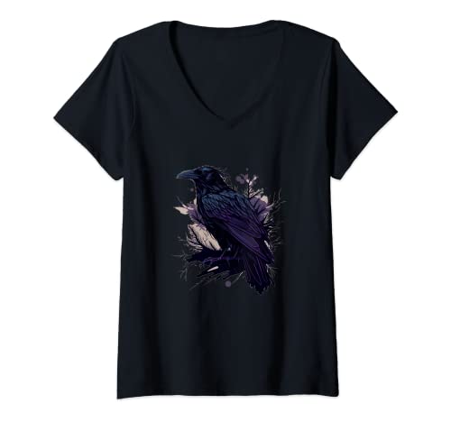 Damen Raven Graphic Gothic Black Crow T-Shirt mit V-Ausschnitt Damen Raven Graphic Gothic Black Crow T-Shirt mit V-Ausschnitt von Black Crow And Raven Co