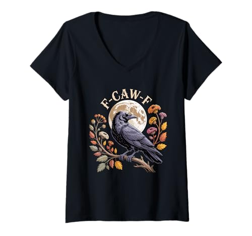 Damen F-Caw-F Raven Moon Gothic Halloween Black Crow Bird Lover T-Shirt mit V-Ausschnitt von Black Crow CAWF Raven Lunar Night Mystery Apparel