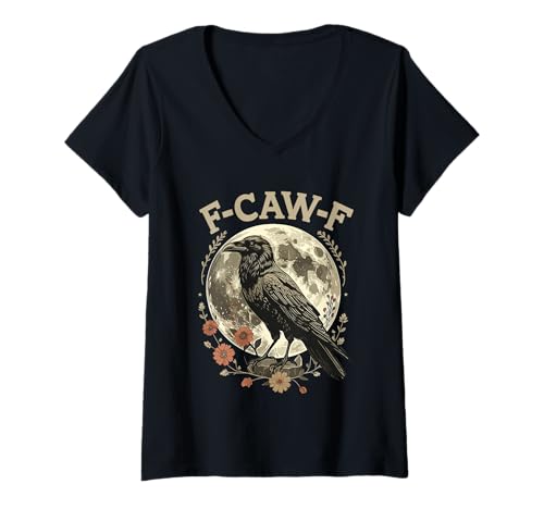 Damen F-Caw-F Raven Moon Gothic Halloween Black Crow Bird Lover T-Shirt mit V-Ausschnitt von Black Crow CAWF Raven Lunar Night Mystery Apparel
