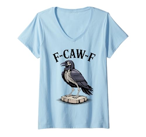 Damen Lustiges schwarzes Krähenskelett schwarzer Vogel F-Caw-F Weihnachten T-Shirt mit V-Ausschnitt von Black Crow Skeleton Halloween Christmas
