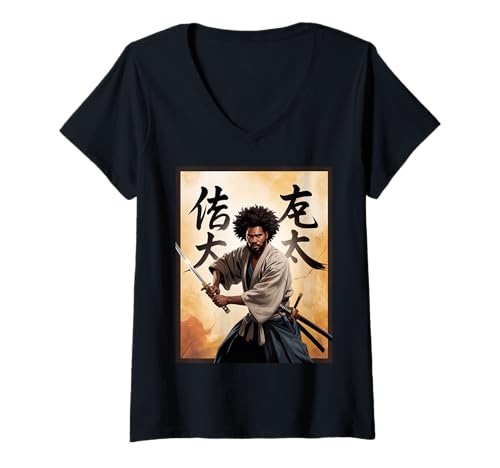 Damen Afro Samurai Krieger mit Katana kühne kraftvolle Kunst Frauen Männer T-Shirt mit V-Ausschnitt Damen Afro Samurai Krieger mit Katana kühne kraftvolle Kunst Frauen Männer T-Shirt mit V-Ausschnitt von Black Culture Fighter Japan History Anime African