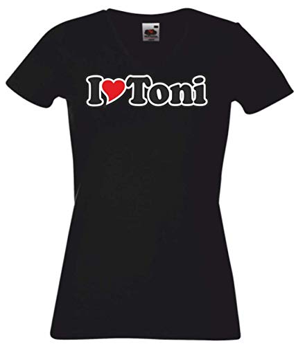 T-Shirt - Damen - schwarz - S - V-Ausschnitt - Ich Liebe mit Herz - Fasching - Party - Funshirt - I Love Toni - Bedruckt - lustig witzige Sprüche - Name - Fasching Party Fun Geschenk von Black Dragon