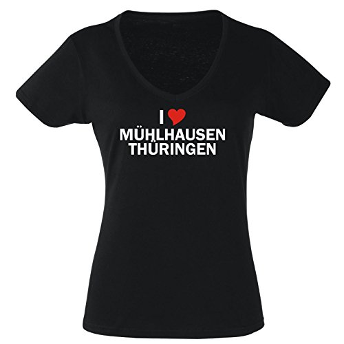 T-Shirt Damen schwarz - S - V-Ausschnitt mit - Stadt - i Love Mühlhausen - Thüringen - Damen - lustig witzige Motive - Name Herz - Fasching Party Fun Sport - lustige Tshirts für Frauen T-Shirt Damen schwarz - S - V-Ausschnitt mit - Stadt - i Love Mühlhausen - Thüringen - Damen - lustig witzige Motive - Name Herz - Fasching Party Fun Sport - lustige Tshirts für Frauen von Black Dragon