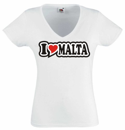 T-Shirt - Damen - weiß - L - I Love Heart - V-Ausschnitt I Love Malta - Bedruckt - lustig witzige Sprüche - Name - Fasching Party Fun Geschenk von Black Dragon