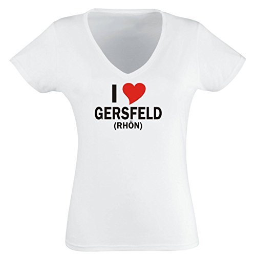 T-Shirt Damen weiß - M - V-Ausschnitt mit - Stadt - i Love Gersfeld (Rhön) - lustig witzige Motive - Name Herz - Fasching Party Fun Sport - lustige Tshirts für Frauen von Black Dragon