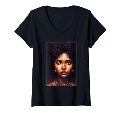 Damen Schöne Schwarze Femme beleuchtet schwarzes lockiges Mädchenhaar T-Shirt mit V-Ausschnitt von Black Femme Lighting Black Girls Curly Hair