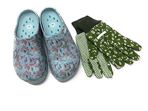 Damen Clogs & Pantoletten mit Gartenhandschuhen Verschiedene blumige Designs grün schwarz grau blau super leicht (hellblau, Numeric_36) von Black Fox