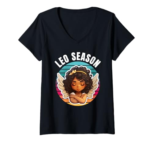 Damen Black Girl Leo Season Sternzeichen Horoskop Monat Melanin 2025 T-Shirt mit V-Ausschnitt von Black Girl Leo Zodiac Season Horoscope Duron B