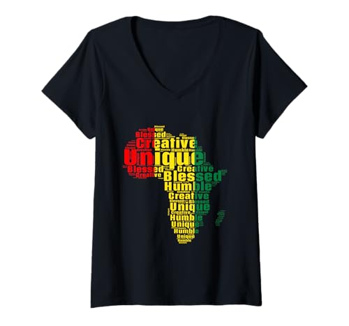 Damen Bescheiden, gesegnet, kreativ, einzigartig. Schwarze T-Shirt mit V-Ausschnitt Damen Bescheiden, gesegnet, kreativ, einzigartig. Schwarze T-Shirt mit V-Ausschnitt von Black History and Culture Outfits