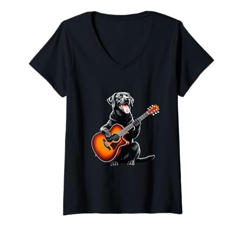 Damen Lustiger schwarzer Labrador spielt Gitarre Design für Musikliebhaber T-Shirt mit V-Ausschnitt Damen Lustiger schwarzer Labrador spielt Gitarre Design für Musikliebhaber T-Shirt mit V-Ausschnitt von Black Lab Lovers Designs