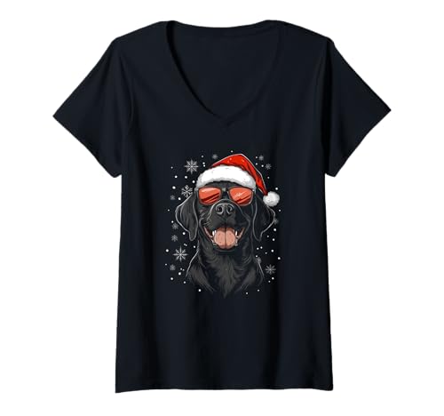 Damen Labrador Weihnachtsmütze, lustig, niedlich, schwarz, Laborhund T-Shirt mit V-Ausschnitt von Black Labrador - Christmas Dog Apparel & Gifts