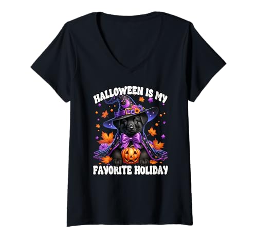 Damen Black Labrador Retriever Halloween is My Favorite Holiday T-Shirt mit V-Ausschnitt von Black Labrador Retriever Gifts For Halloween Lover
