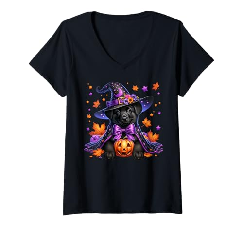 Damen Witchy Halloween Graphic for Women with Labrador Retriever T-Shirt mit V-Ausschnitt von Black Labrador Retriever Gifts For Halloween Lover