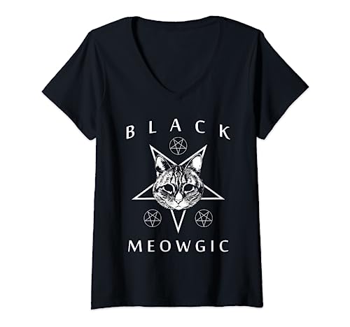 Damen Black Meowgic Cat Witchcraft T-Shirt mit V-Ausschnitt von Black Meowgic Cat Witchcraft