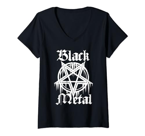 Damen Schwarzes Metall umgekehrtes Pentagramm Heavy Grim Satanic Goth Musik T-Shirt mit V-Ausschnitt von Black Metal Inverted Pentagram Heavy Grim