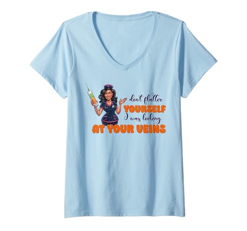 Damen Schwarze Krankenschwester, lustig, flirtend, frech, sarkastisch, schaut auf Venen T-Shirt mit V-Ausschnitt Damen Schwarze Krankenschwester, lustig, flirtend, frech, sarkastisch, schaut auf Venen T-Shirt mit V-Ausschnitt von Black Nurse Tees NYC