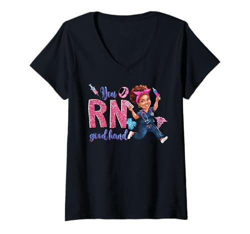 Damen Schwarze Krankenschwester Lustige Gute Hände NP RN LPN CNA HHA Melanin Krankenschwester T-Shirt mit V-Ausschnitt Damen Schwarze Krankenschwester Lustige Gute Hände NP RN LPN CNA HHA Melanin Krankenschwester T-Shirt mit V-Ausschnitt von Black Nurse Tees NYC