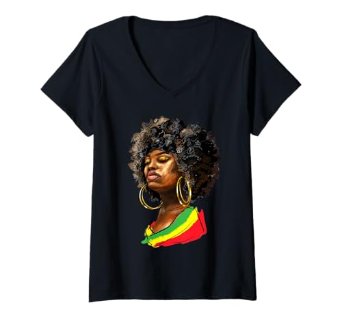 Damen Schöner schwarzer Damenschal, Afro, Rot, Gelb, Grün, Juneteenth T-Shirt mit V-Ausschnitt von Black Owned Business Juneteenth Apparel