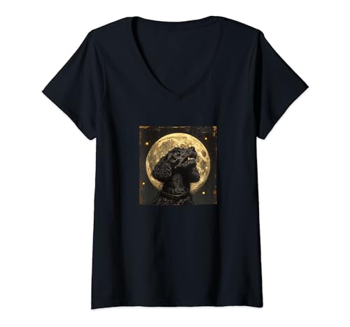 Damen Black Poodle Howling In Front Of Moon Grafik T-Shirt mit V-Ausschnitt Damen Black Poodle Howling In Front Of Moon Grafik T-Shirt mit V-Ausschnitt von Black Poodle Howling In Front Of Moon Merch
