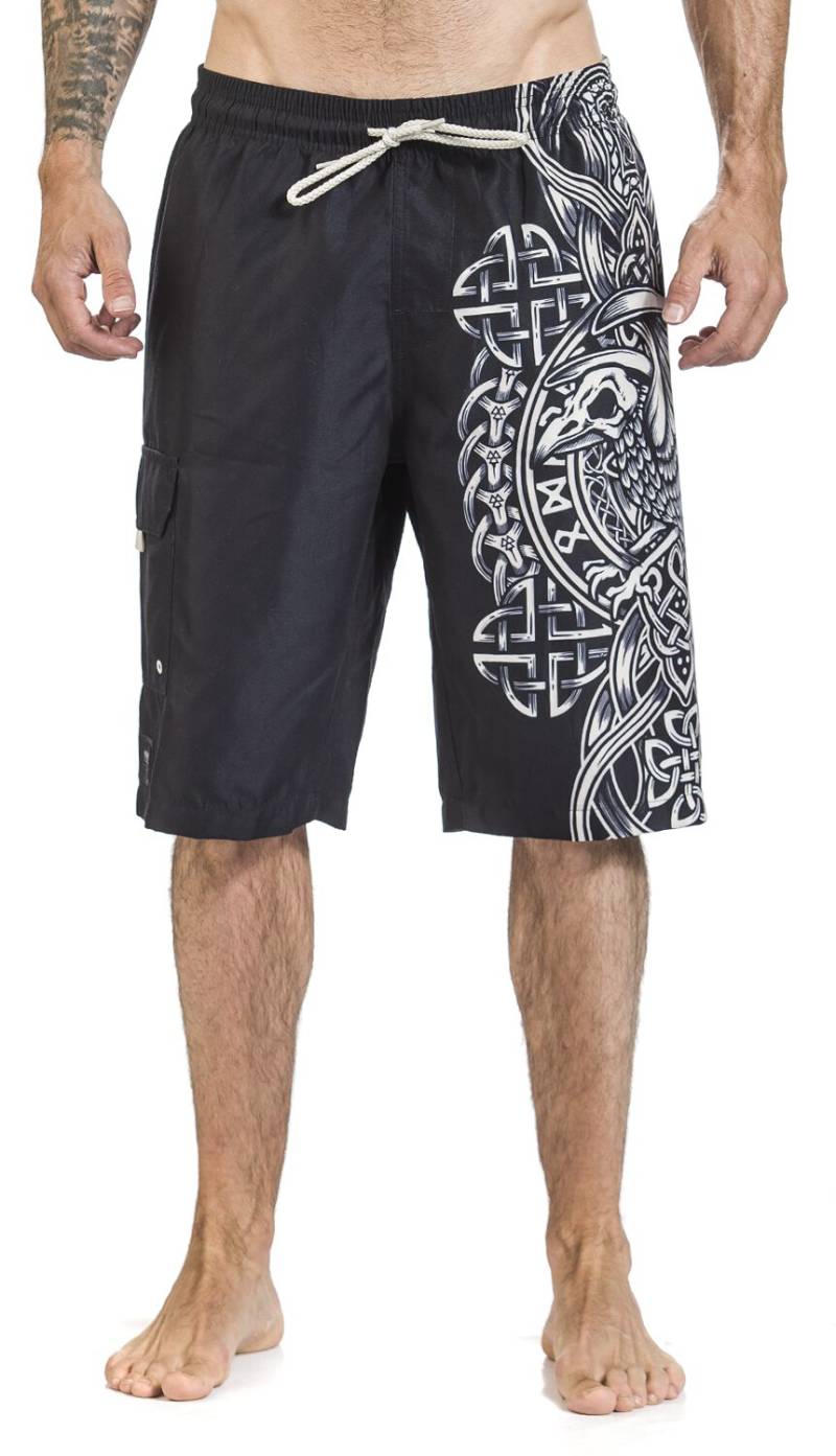 Black Premium by EMP Badeshort - Schwarze Badeshorts mit keltisch anmutendem Raben-Print - S - für Männer - Größe S - schwarz von Black Premium by EMP
